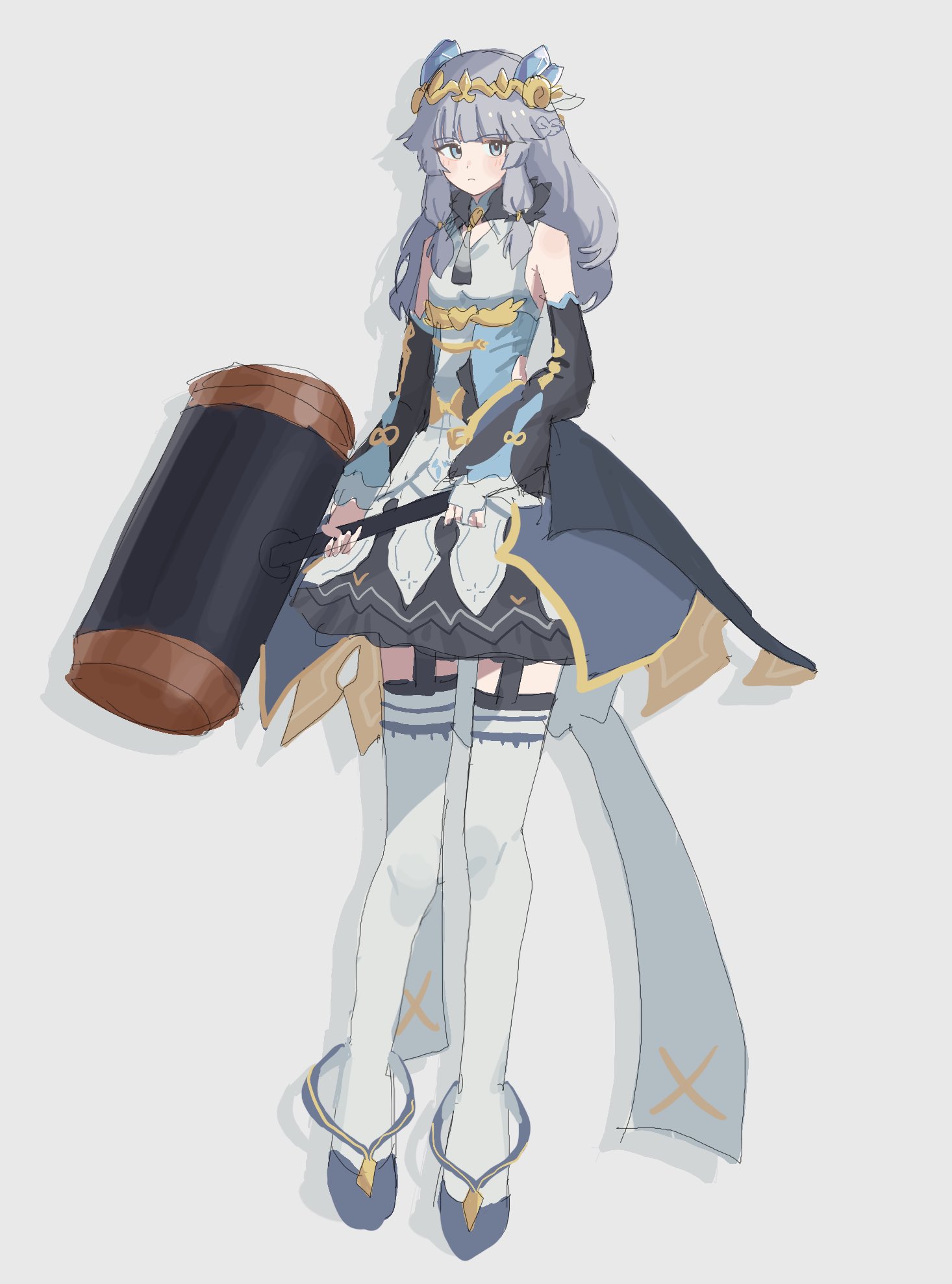 beatrice (rune factory), rune factory, rune factory 5, highres, 1girl, bare shoulders, blue eyes, blush, breasts, bridal gauntlets, detached sleeves, dress, grey hair, hammer, holding, holding hammer, long hair, looking at viewer, princess, rfo 2011, short dress, small breasts, solo, thighhighs, tiara, white background, white thighhighs