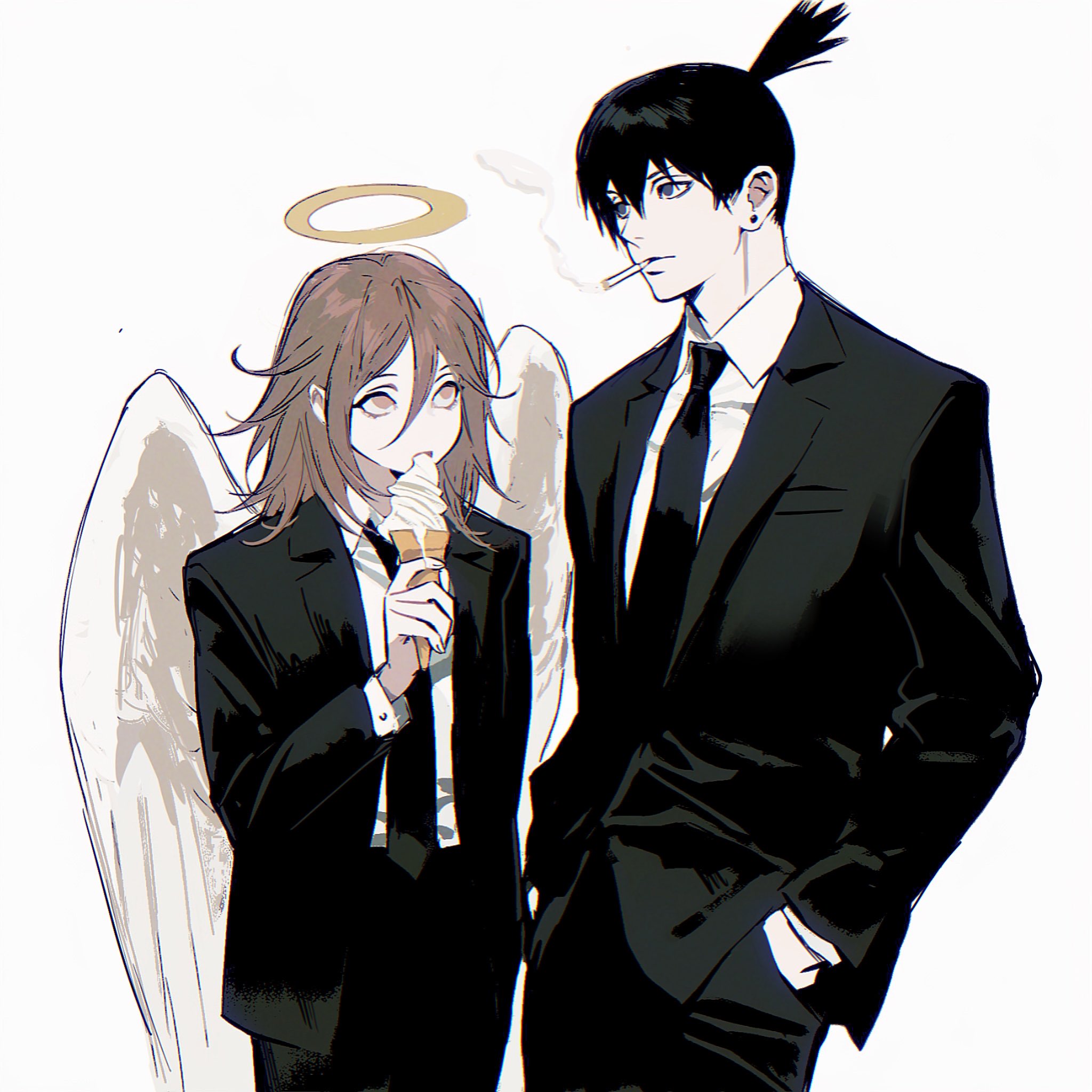 shouka (ly880217), angel devil (chainsaw man), hayakawa aki, chainsaw man, highres, 2boys, angel, angel wings, black jacket, black necktie, black suit, business suit, feathered wings, food, formal clothes, glowing, glowing halo, halo, ice cream, jacket, male focus, multiple boys, necktie, shirt tucked in, suit, suit jacket, topknot, traditional halo, white wings, wings