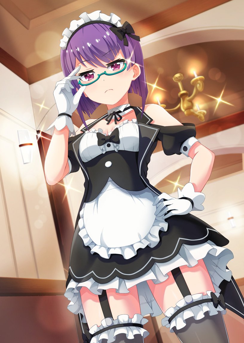 nanami (project tokyo dolls), project tokyo dolls, commentary request, official art, second-party source, 1girl, adjusting eyewear, alternate costume, bare shoulders, black bow, black bowtie, black garter straps, black thighhighs, bow, bow legwear, bowtie, breasts, chandelier, cleavage, closed mouth, clothing cutout, dress, dutch angle, enmaided, frilled thighhighs, frills, from below, frown, garter straps, glasses, gloves, green-framed eyewear, hallway, hand on own hip, indoors, looking at viewer, maid, maid headdress, purple eyes, purple hair, semi-rimless eyewear, short hair, short sleeves, shoulder cutout, sleeveless, sleeveless dress, small breasts, solo, sparkle, thighhighs, under-rim eyewear, white gloves