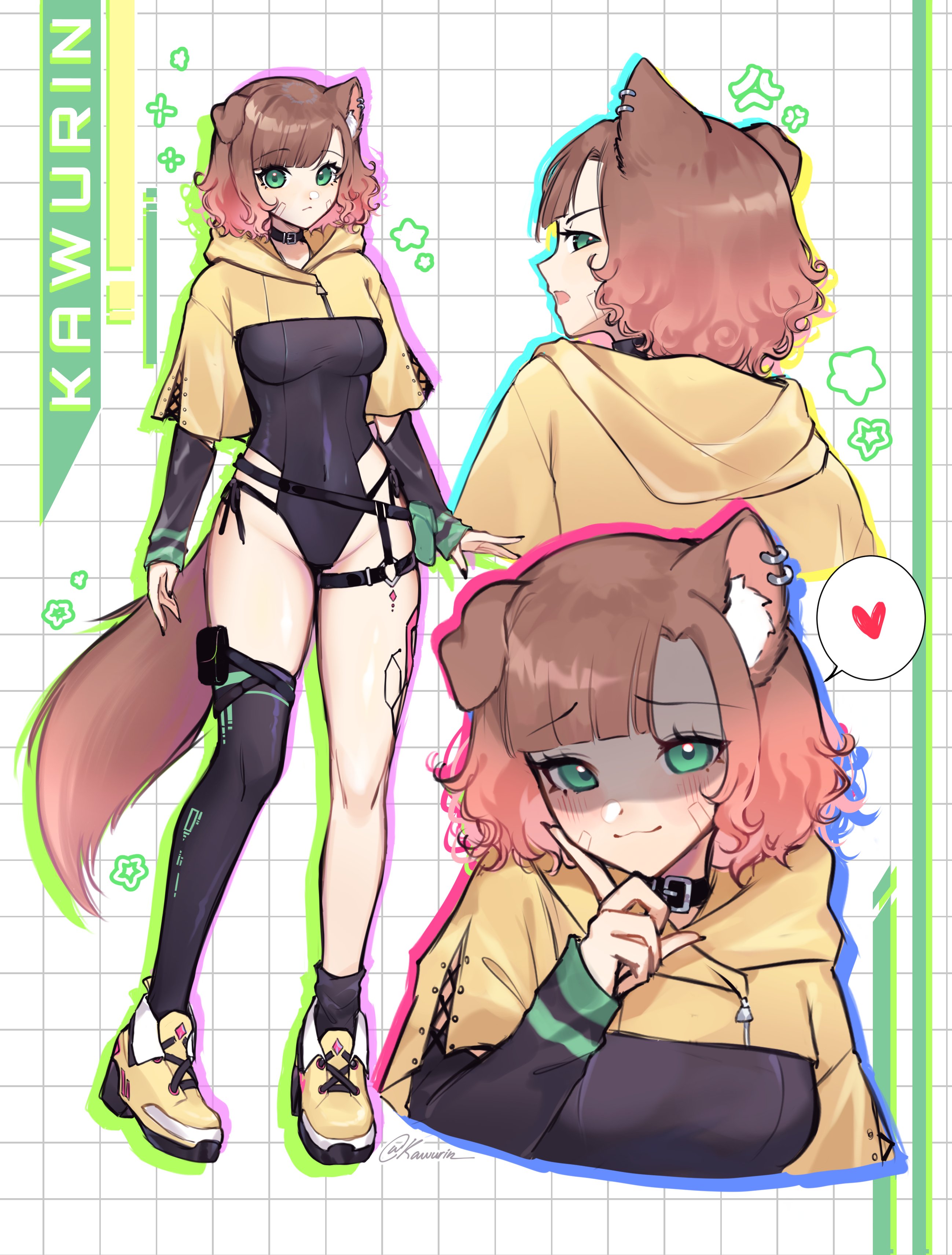 kawurin, original, absurdres, commentary request, highres, 1girl, anger vein, animal ear piercing, animal ears, asymmetrical legwear, black collar, black leotard, breasts, brown hair, collar, dog ears, dog girl, dog tail, gradient hair, green eyes, heart, highleg, highleg leotard, hooded shrug, leg tattoo, leotard, medium breasts, multicolored hair, o-ring, o-ring thigh strap, pink hair, pouch, shoes, shrug (clothing), signature, single thighhigh, sleeves past wrists, spoken heart, star (symbol), tail, tattoo, thigh pouch, thigh strap, thighhighs, yellow shoes