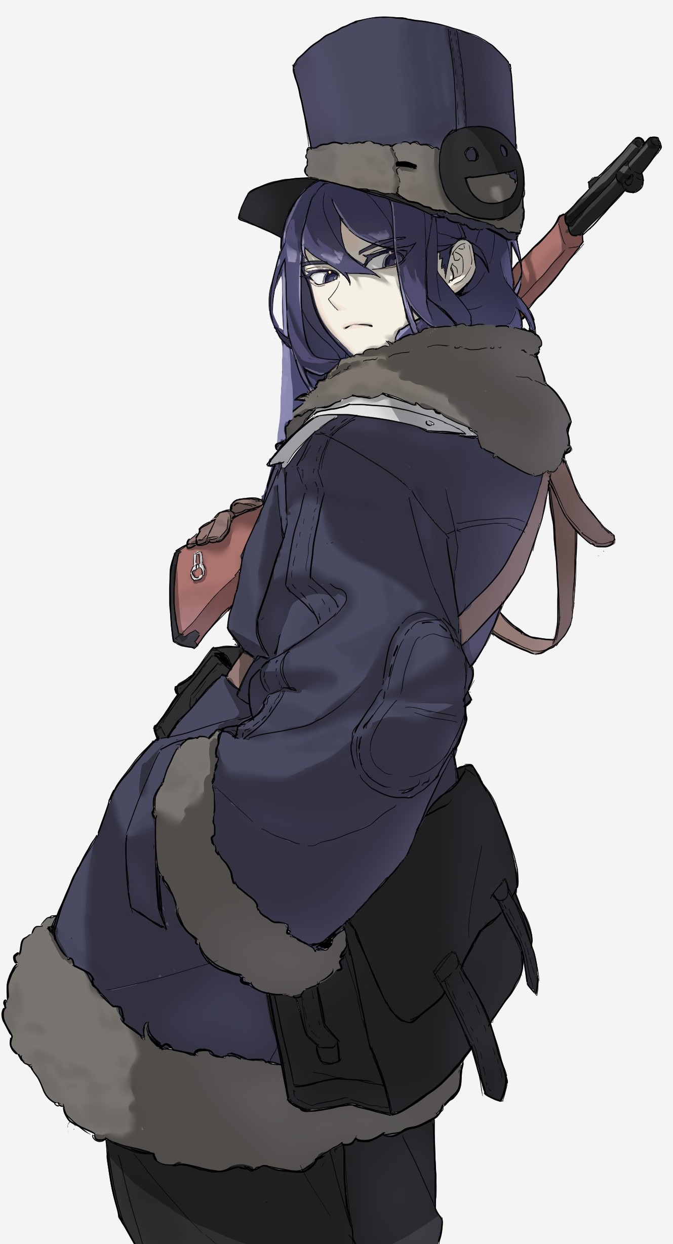 black frost, gunner (sekaiju), gunner 5 (sekaiju), etrian odyssey, sekaiju no meikyuu, sekaiju no meikyuu 2, sekaiju no meikyuu hd, absurdres, highres, 1girl, coat, fur-trimmed coat, fur trim, gun, hat, holding, holding gun, holding weapon, long hair, looking at viewer, purple eyes, purple hair, remase2642, rifle, solo, weapon