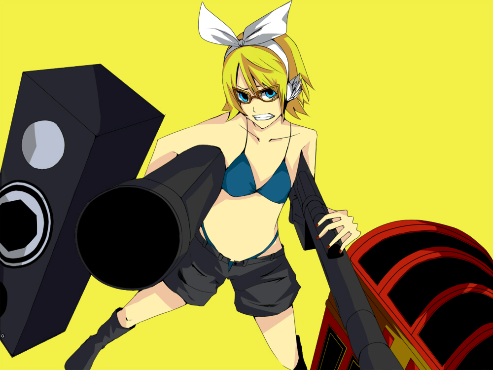 orgia, orugiya, kagamine rin, noroi no megane (vocaloid), vocaloid, 1girl, baggy shorts, bespectacled, bikini, bikini top only, blonde hair, blue bikini, blue eyes, boots, bow, female focus, flat chest, glasses, grin, hair bow, head wings, m1 bazooka, puffy shorts, rocket launcher, short hair, shorts, smile, solo, speaker, swimsuit, treasure chest, weapon, wings