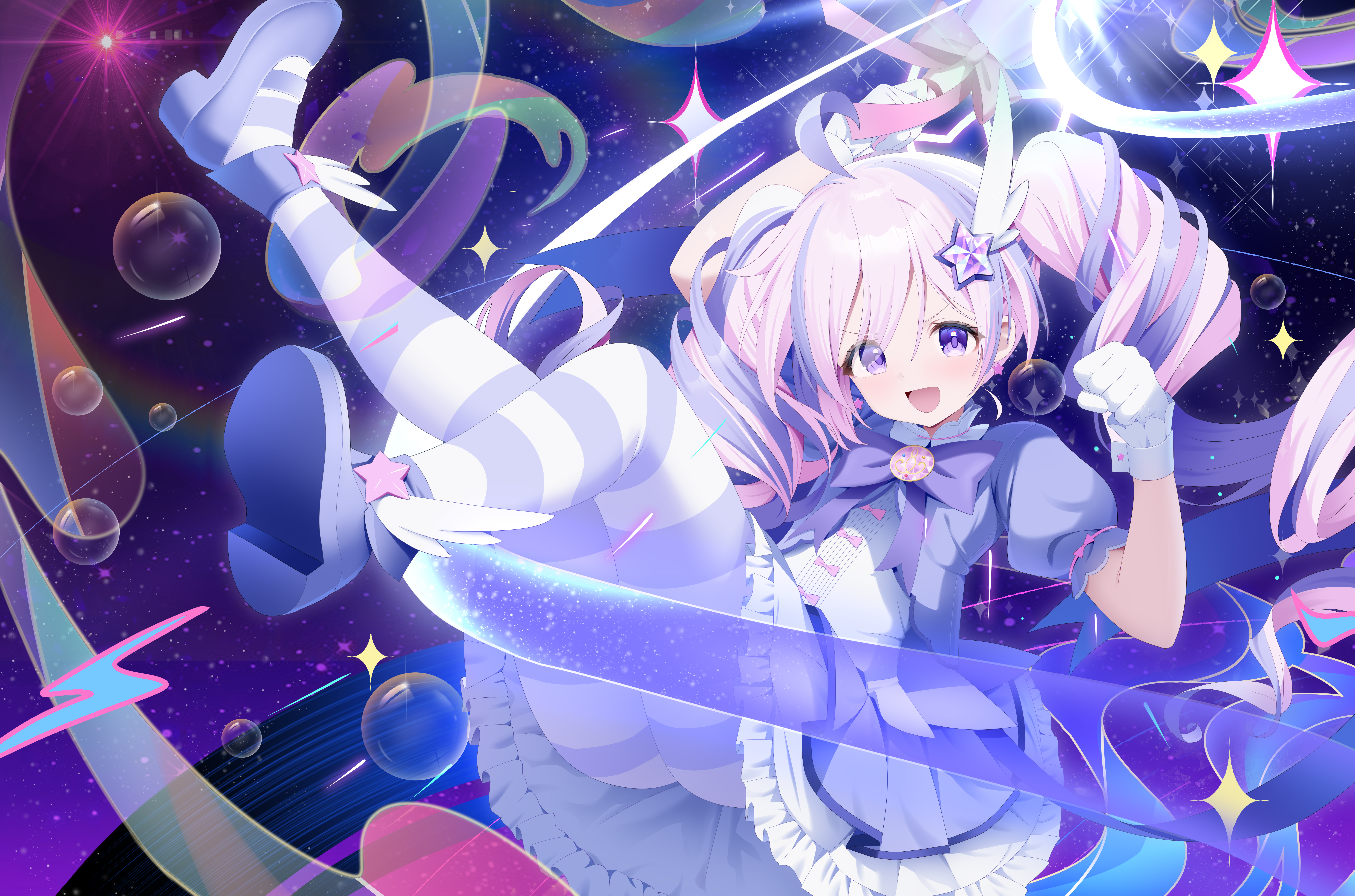 chcc331899, reisa (blue archive), reisa (magical) (blue archive), blue archive, absurdres, chinese commentary, commentary request, highres, making-of available, 1girl, :d, ahoge, arm up, blush, bow, bowtie, bubble, clenched hand, dress, dress bow, drill hair, eyes visible through hair, frilled dress, frills, full body, gloves, hair ornament, halo, hand up, holding, holding wand, legs up, long hair, looking at viewer, magical girl, multicolored hair, multicolored pantyhose, official alternate costume, official alternate hairstyle, open mouth, pantyhose, pink bow, pink hair, puffy short sleeves, puffy sleeves, purple bow, purple bowtie, purple dress, purple eyes, purple hair, purple pantyhose, purple shoes, shoe soles, shoes, short sleeves, sleeve bow, smile, solo, sparkle, star (symbol), star hair ornament, star halo, striped clothes, striped pantyhose, tareme, twin drills, twintails, two-tone hair, two-tone pantyhose, v-shaped eyebrows, wand, white dress, white gloves, white pantyhose, white wrist cuffs, wing hair ornament, wrist cuffs