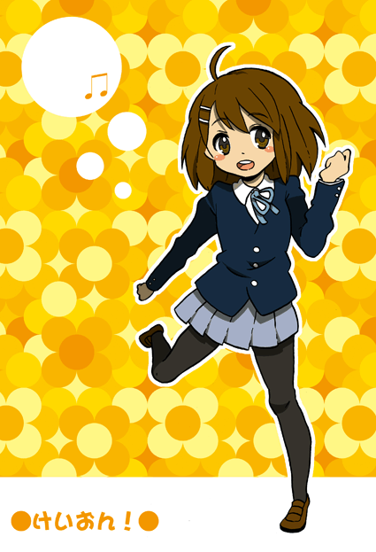 nicotoco, hirasawa yui, k-on!, bad id, bad pixiv id, 00s, 1girl, ahoge, blush, brown eyes, brown hair, female focus, full body, hair ornament, hairclip, musical note, open mouth, pantyhose, sakuragaoka high school uniform, school uniform, short hair, skirt, solo, standing, standing on one leg
