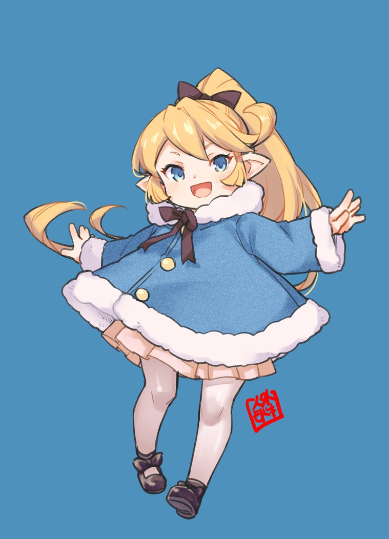 jingai modoki, charlotta (granblue fantasy), granblue fantasy, 1girl, blonde hair, blue eyes, coat, full body, fur-trimmed coat, fur trim, harvin, long hair, looking at viewer, open mouth, pantyhose, pointy ears, ponytail, skirt, smile, solo, white pantyhose