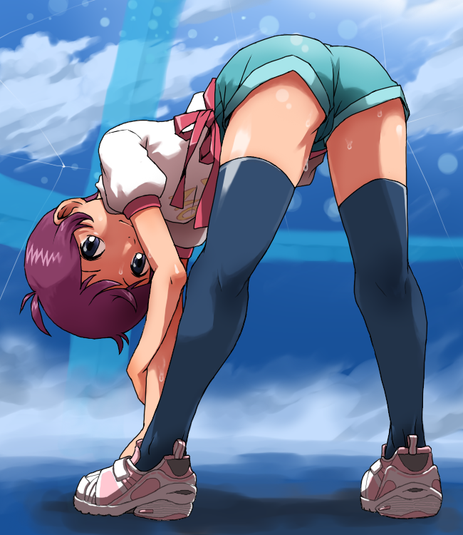 hun (uyonis), aoi (shunsoku lemon-pie), shunsoku lemon-pie, bad id, bad pixiv id, 1girl, antenna hair, ass, bent over, blue eyes, blue thighhighs, cloud, commercial, day, female focus, flat chest, from behind, kneepits, legs, loli, looking at viewer, looking back, naughty face, product placement, purple hair, ribbon, running shoes, shoes, short hair, short shorts, shorts, sky, smile, sneakers, solo, spread legs, standing, sweat, thighhighs