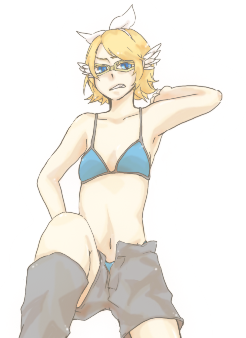 laconia, kagamine rin, noroi no megane (vocaloid), vocaloid, bad id, bad pixiv id, 1girl, baggy shorts, bikini, bikini top only, bikini under clothes, blonde hair, bow, female focus, flat chest, glasses, hair bow, head wings, midriff, puffy shorts, short hair, shorts, solo, swimsuit, wings