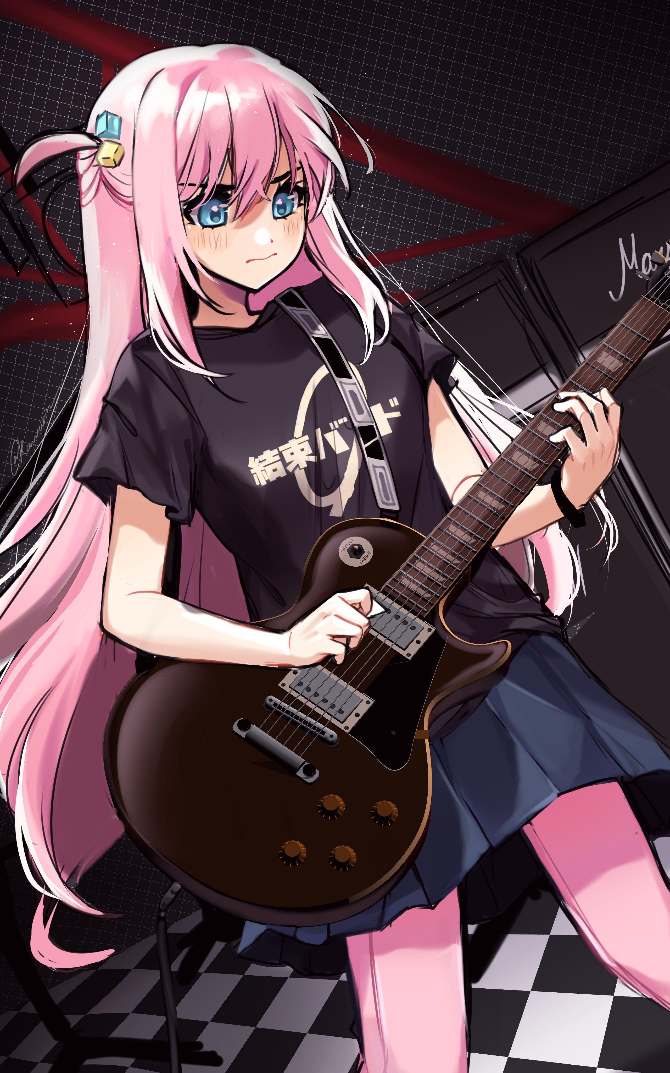 kawurin, gotoh hitori, bocchi the rock!, absurdres, commentary, highres, 1girl, amplifier, black shirt, blue eyes, breasts, checkered floor, cube hair ornament, dutch angle, electric guitar, guitar, hair ornament, instrument, long hair, medium breasts, miniskirt, music, one side up, pants, pants under skirt, pink hair, pink pants, playing instrument, pleated skirt, shirt, skirt, solo, t-shirt, very long hair, wristband