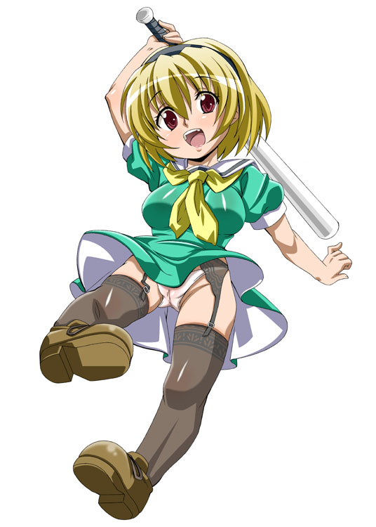 nori (akusei shinseibutsu), houjou satoko, higurashi no naku koro ni, 00s, 1girl, artistic error, baseball bat, blonde hair, breasts, cameltoe, female focus, full body, garter belt, hairband, open mouth, panties, pussy, red eyes, school uniform, see-through clothes, shoes, short hair, simple background, solo, thighhighs, underwear, upskirt, white background, white panties
