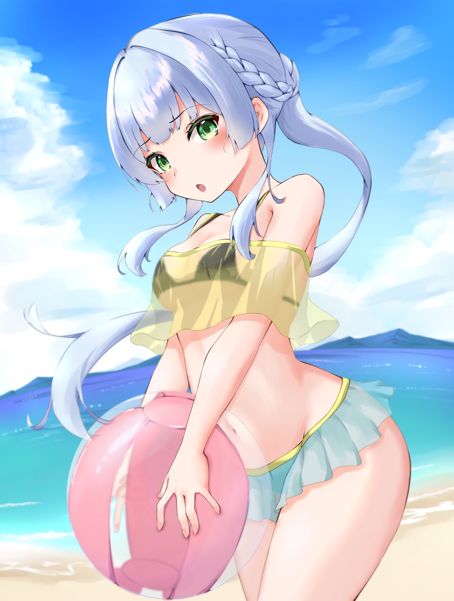 kinakollll, kashiwagi saki, ongeki, highres, 1girl, ball, bare shoulders, beach, beachball, bikini, bikini skirt, blue hair, blue sky, blurry, blurry background, blush, braid, breasts, cleavage, cloud, day, green eyes, holding, holding ball, horizon, long hair, looking at viewer, medium breasts, navel, ocean, open mouth, outdoors, sand, see-through clothes, sky, solo, standing, swimsuit, water