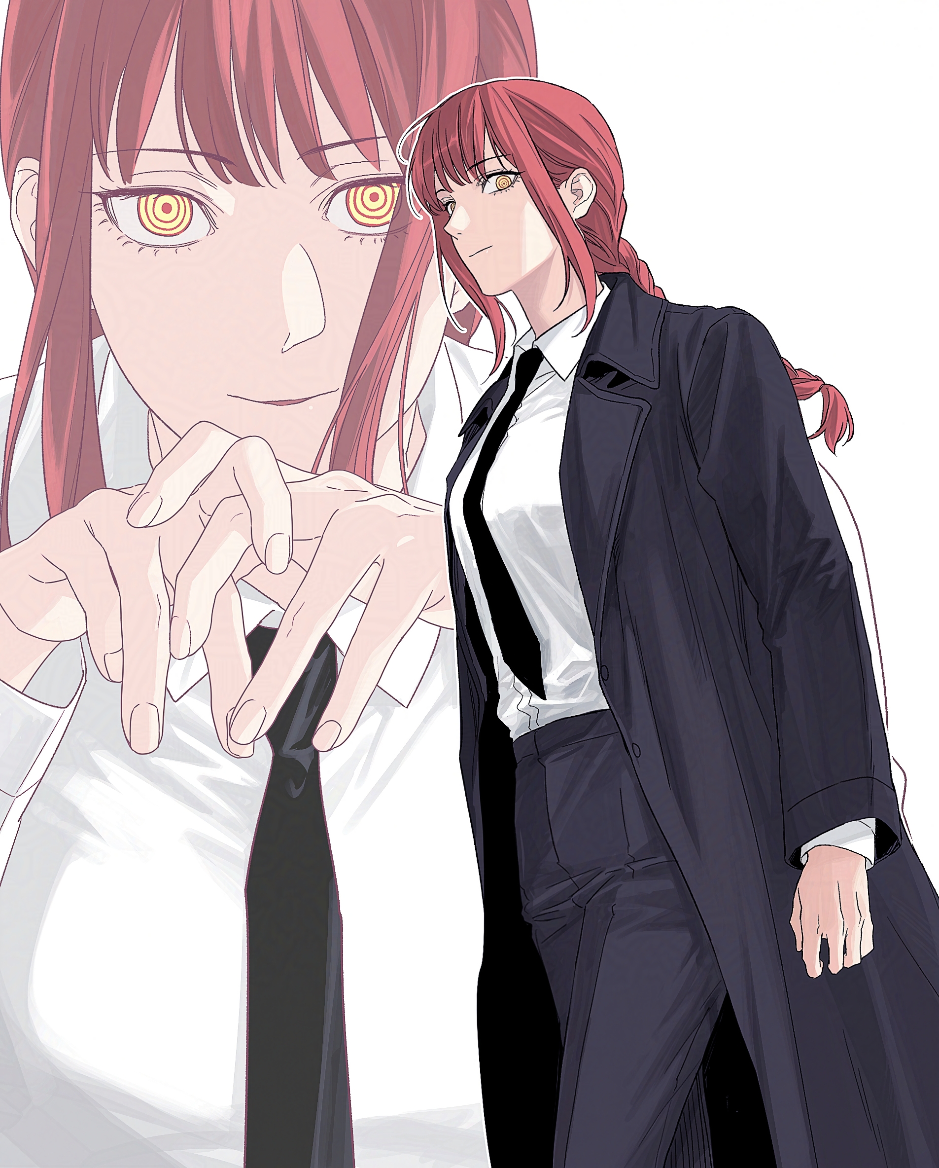 mra bong, makima (chainsaw man), chainsaw man, highres, 1girl, black necktie, black pants, braid, braided ponytail, business suit, collared shirt, formal clothes, necktie, office lady, pants, red hair, ringed eyes, shirt, shirt tucked in, suit, yellow eyes