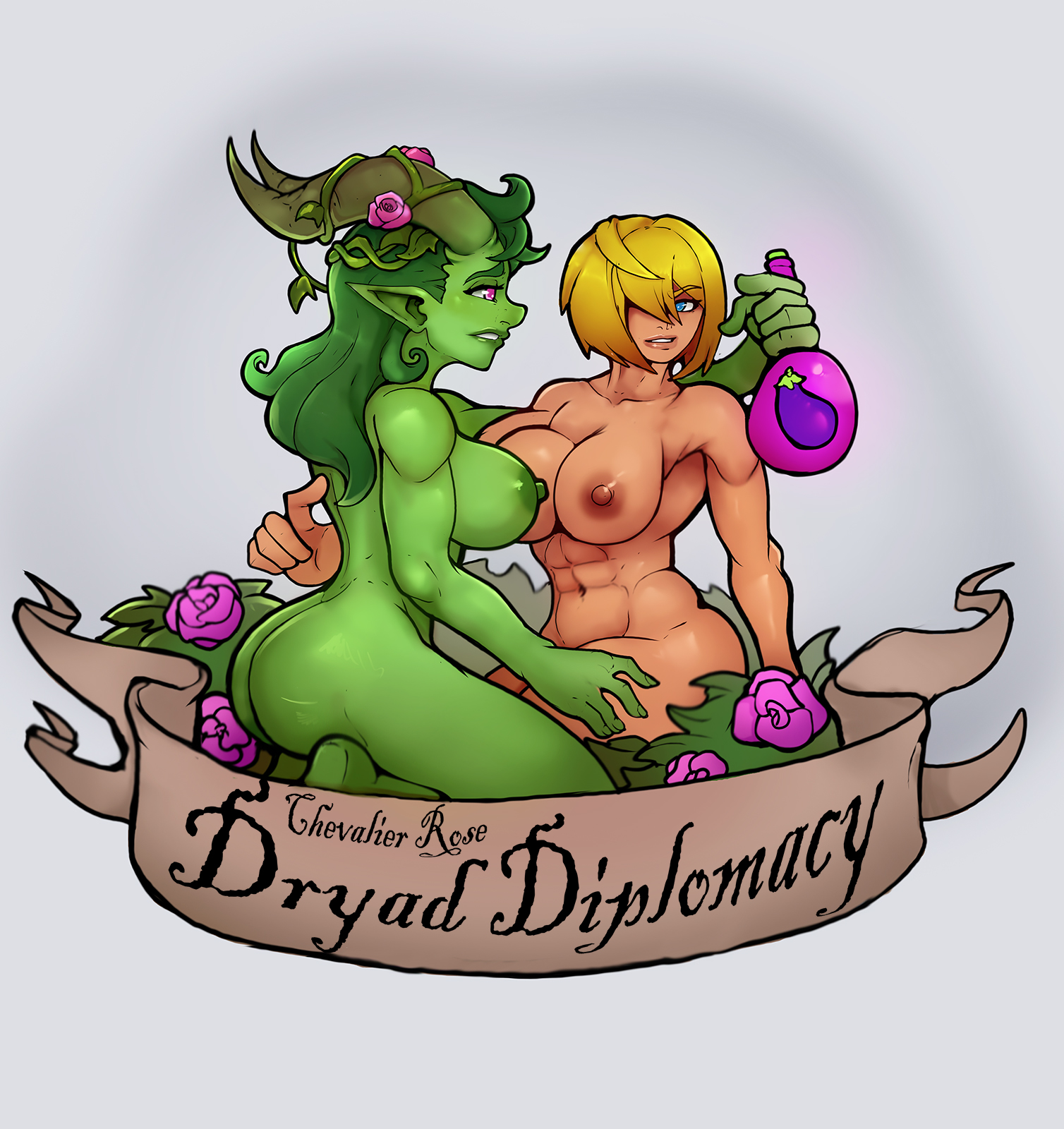 markydaysaid, original, highres, 2girls, abs, ass, blonde hair, blue eyes, colored skin, completely nude, dryad, eggplant emoji, english text, flower, green hair, green skin, hair over one eye, horns, multiple girls, navel, nipples, nude, pink flower, pointy ears