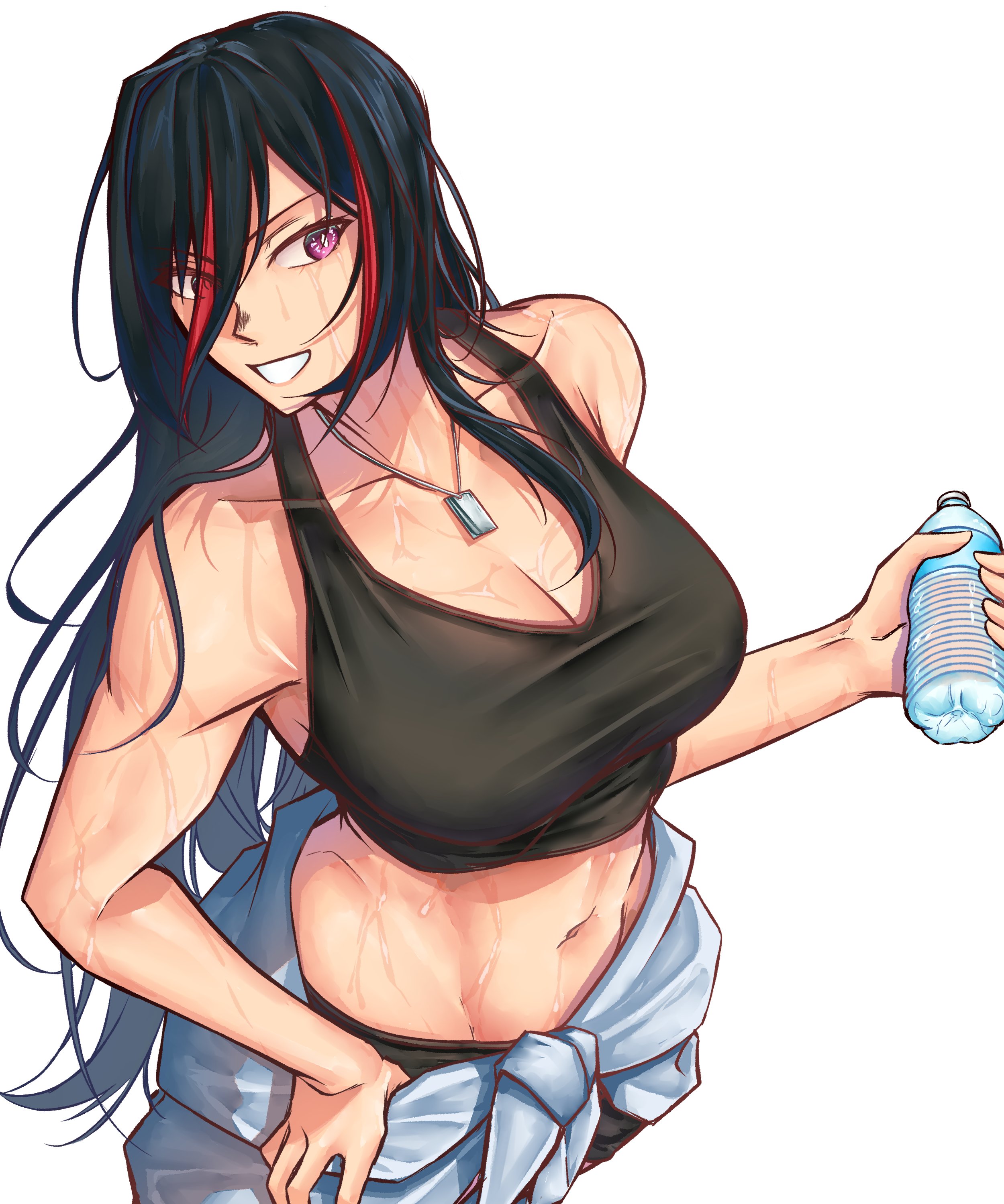 moren eh, emilia harling, eiyuu densetsu, kai no kiseki, kuro no kiseki (series), absurdres, commentary, commission, english commentary, highres, 1girl, black hair, bottle, breasts, cleavage, clothes around waist, crop top, dog tags, hair between eyes, hand on own hip, holding, holding bottle, jacket, jacket around waist, large breasts, long hair, looking at viewer, midriff, multicolored hair, navel, open mouth, parted bangs, purple eyes, red hair, sidelocks, smile, solo, streaked hair, sweat, two-tone hair, upper body, water bottle