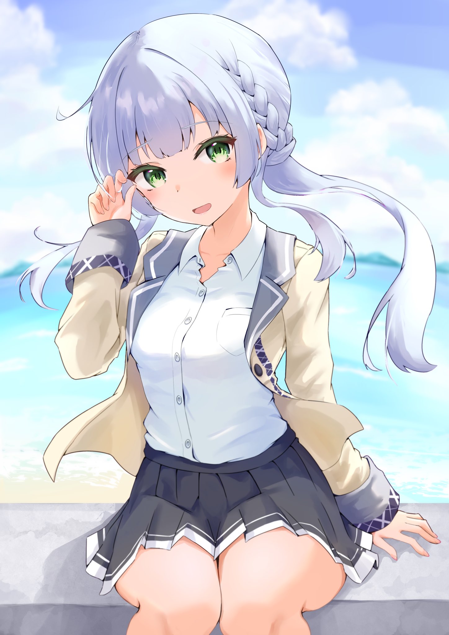 kinakollll, kashiwagi saki, ongeki, highres, 1girl, black skirt, blue sky, blurry, blush, braid, breasts, day, depth of field, dress shirt, green eyes, jacket, long hair, long sleeves, looking at viewer, medium breasts, ocean, open mouth, outdoors, pleated skirt, school uniform, shirt, sitting, skirt, sky, smile, solo, water, white shirt