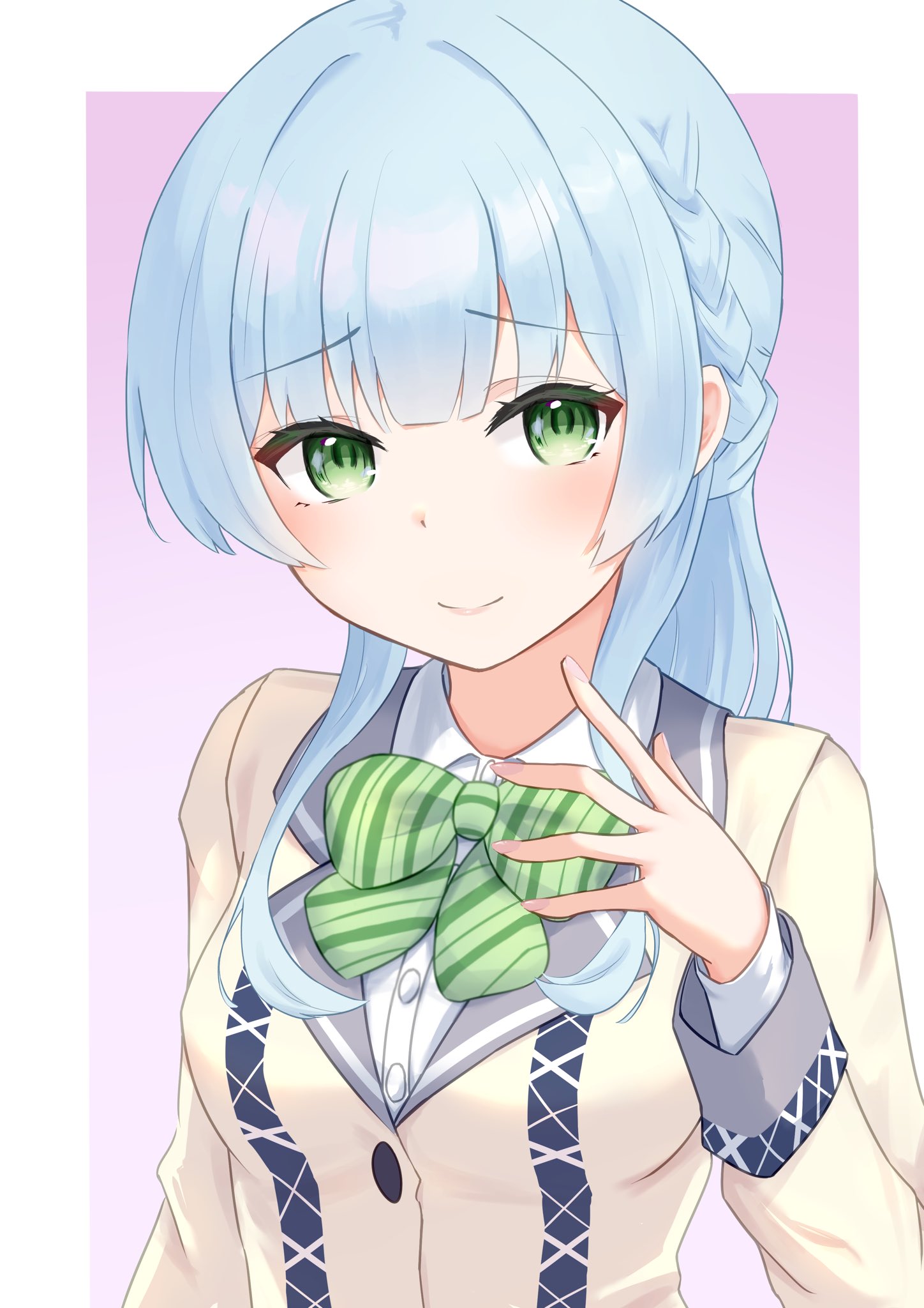 kinakollll, kashiwagi saki, ongeki, highres, 1girl, blue hair, blush, bow, braid, closed mouth, collared shirt, green eyes, index finger raised, jacket, long hair, long sleeves, looking at viewer, school uniform, shirt, smile, solo, striped background, striped bow, upper body, white shirt