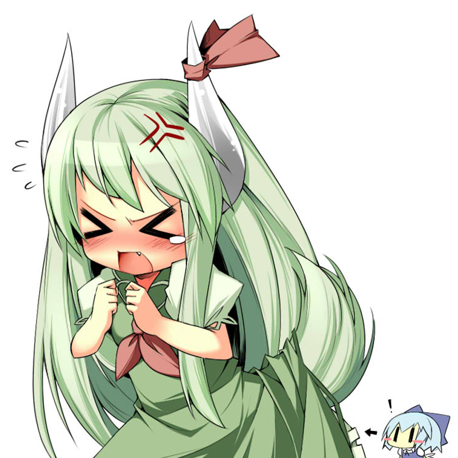 beihan, kokka han, cirno, ex-keine, kamishirasawa keine, touhou, jpeg artifacts, !, > <, 2girls, aged down, anger vein, angry, blue hair, blush, blush stickers, chibi, clenched hands, closed eyes, dress, fang, female focus, flying teardrops, green hair, horn ornament, horn ribbon, horns, long hair, multiple girls, ribbon, skirt, tail, tears, | |