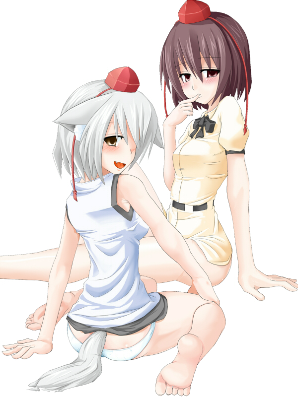 kasuka, inubashiri momiji, shameimaru aya, touhou, silver hair, 2girls, animal ears, bare shoulders, barefoot, blush, bottomless, brown hair, fang, feet, female focus, finger to mouth, hat, looking back, multiple girls, naughty face, no pants, panties, short hair, sitting, tail, tokin hat, underwear, wolf ears, wolf tail