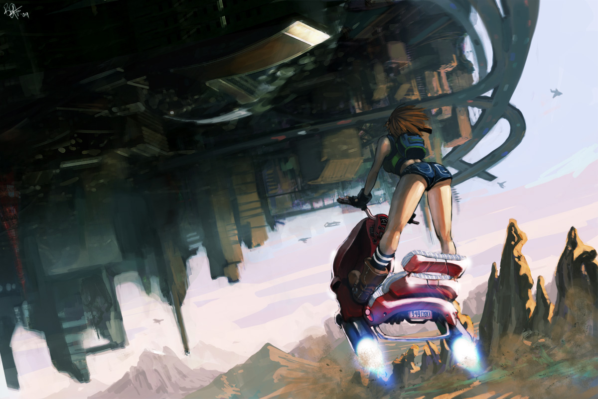 rejean dubois, vehicle, 1girl, ass, backpack, bag, city, female focus, floating city, flying, motor vehicle, randoseru, scooter, shorts, solo