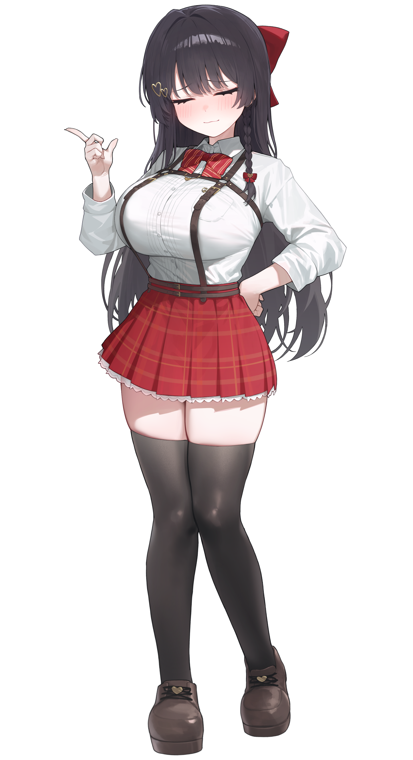 sangobob, shirayuki hina, stellive, absurdres, commentary request, highres, korean commentary, 1girl, :3, belt, black-framed eyewear, black hair, black thighhighs, blush, bow, bowtie, braid, breast pocket, breasts, brown belt, brown shoes, buttons, chest belt, chest harness, closed eyes, closed mouth, collared shirt, eyewear on head, facing viewer, full body, hair bow, hair ornament, hand on own hip, hand up, harness, heart, heart hair ornament, high-waist skirt, large breasts, long hair, long sleeves, plaid clothes, plaid skirt, pocket, red bow, red bowtie, red skirt, shirt, shirt tucked in, shoes, simple background, single braid, skirt, solo, standing, striped bow, thighhighs, thighs, three-quarter sleeves, very long hair, virtual youtuber, white background, white shirt