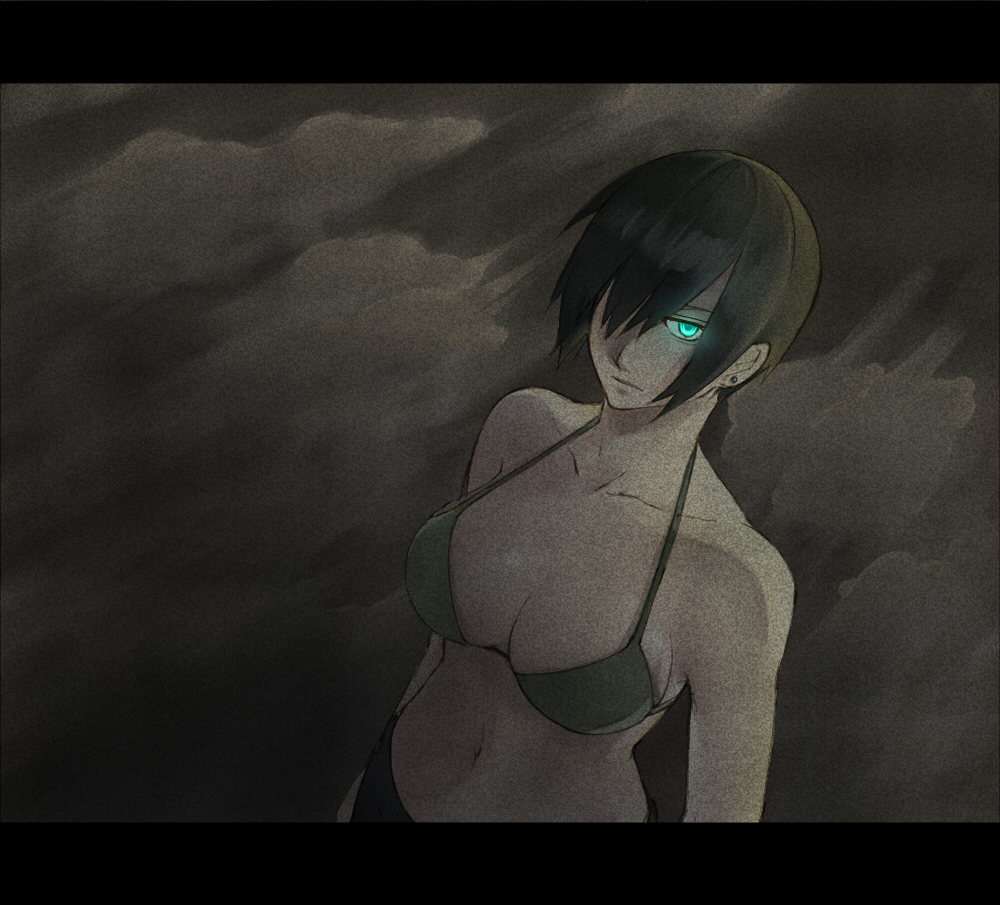 chito04, original, bad id, bad pixiv id, aqua eyes, bikini, bikini top only, breasts, cleavage, glowing, glowing eyes, green hair, hair over one eye, large breasts, letterboxed, short hair, solo, swimsuit