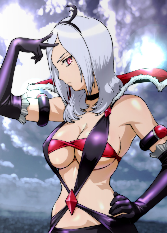 ueyama michirou, eas (fresh precure!), higashi setsuna, fresh precure!, precure, black neckwear, silver hair, 00s, 1girl, breasts, choker, cleavage, elbow gloves, eyelashes, female focus, gloves, large breasts, long hair, red eyes, sideboob, solo, underboob