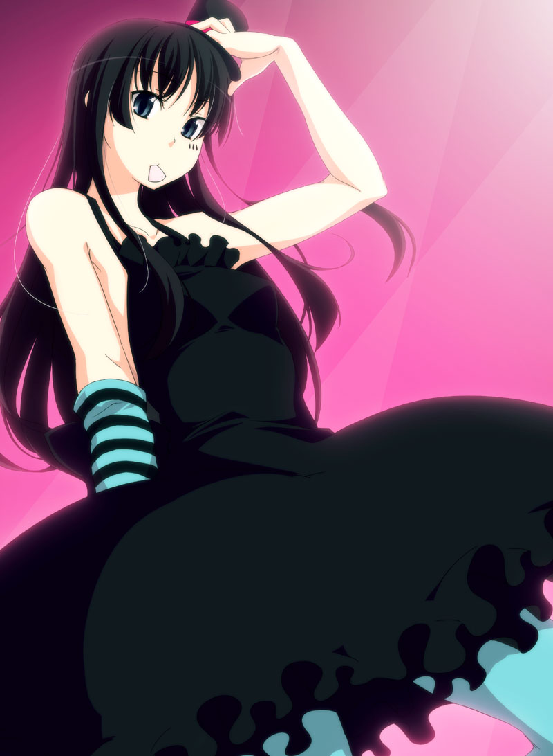 nagami yuu, akiyama mio, don't say "lazy", k-on!, striped, 00s, 1girl, bare shoulders, black hair, blue eyes, blue pantyhose, blunt bangs, dress, elbow gloves, facepaint, female focus, gloves, gothic lolita, hat, hat tip, hime cut, lolita fashion, long hair, mini hat, mini top hat, mouth hold, pantyhose, plectrum, solo, top hat