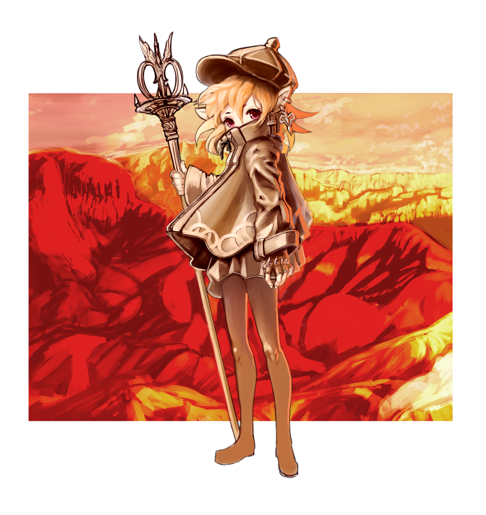 kansou samehada, original, bad id, bad pixiv id, boots, elf, fingerless gloves, gloves, hat, orange hair, pointy ears, red eyes, solo, staff, thigh boots, thighhighs