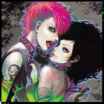 lowres, 2girls, black hair, collar, earrings, hoop earrings, jewelry, mole, mole under eye, mole under mouth, multiple girls, pink hair, punk, red eyes, short hair, tattoo