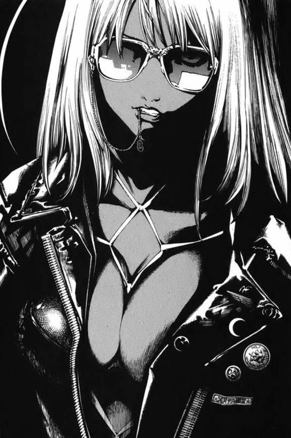 oogure ito, natsume maya, tenjou tenge, 1girl, bdsm, bondage, bound, breasts, dark-skinned female, dark skin, female focus, greyscale, jacket, large breasts, leather, monochrome, mouth hold, solo, sunglasses, teeth