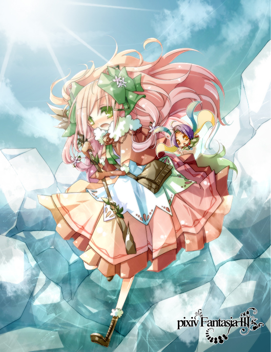 arima, arima (arcadicauto), pixiv fantasia, pixiv fantasia 3, 2girls, bag, boots, day, dress, gigandal federation, green eyes, ice, long hair, multiple girls, pink hair, ribbon, skirt, sky