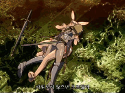 exiled warrior leina, leina (queen's blade), melona (queen's blade), protean assassin melona, queen's blade, animated, animated gif, anime screenshot, lowres, translated, 00s, 2girls, animal ears, ass, breast expansion, breasts, explosion, gigantic breasts, girl on top, huge breasts, korean text, monster girl, multiple girls, pink hair, rabbit ears, slime girl, what, yuri