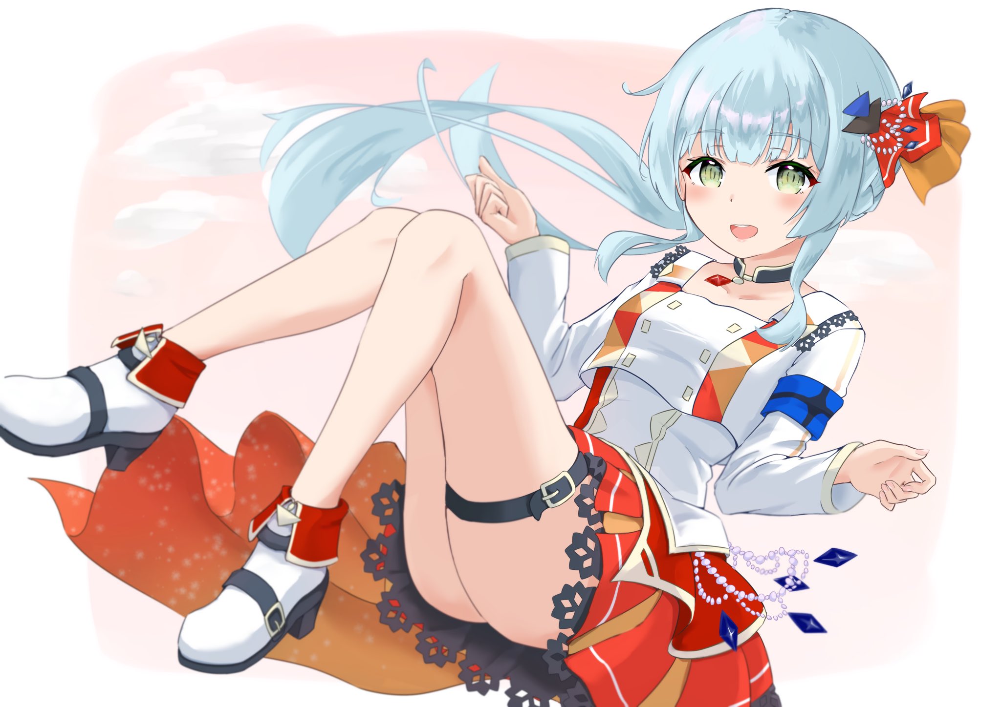 kinakollll, kashiwagi saki, ongeki, highres, 1girl, :d, ass, black choker, blue hair, blush, choker, dress, full body, green eyes, hair ornament, hair ribbon, long hair, long sleeves, looking at viewer, open mouth, ribbon, smile, solo, striped background, thigh strap