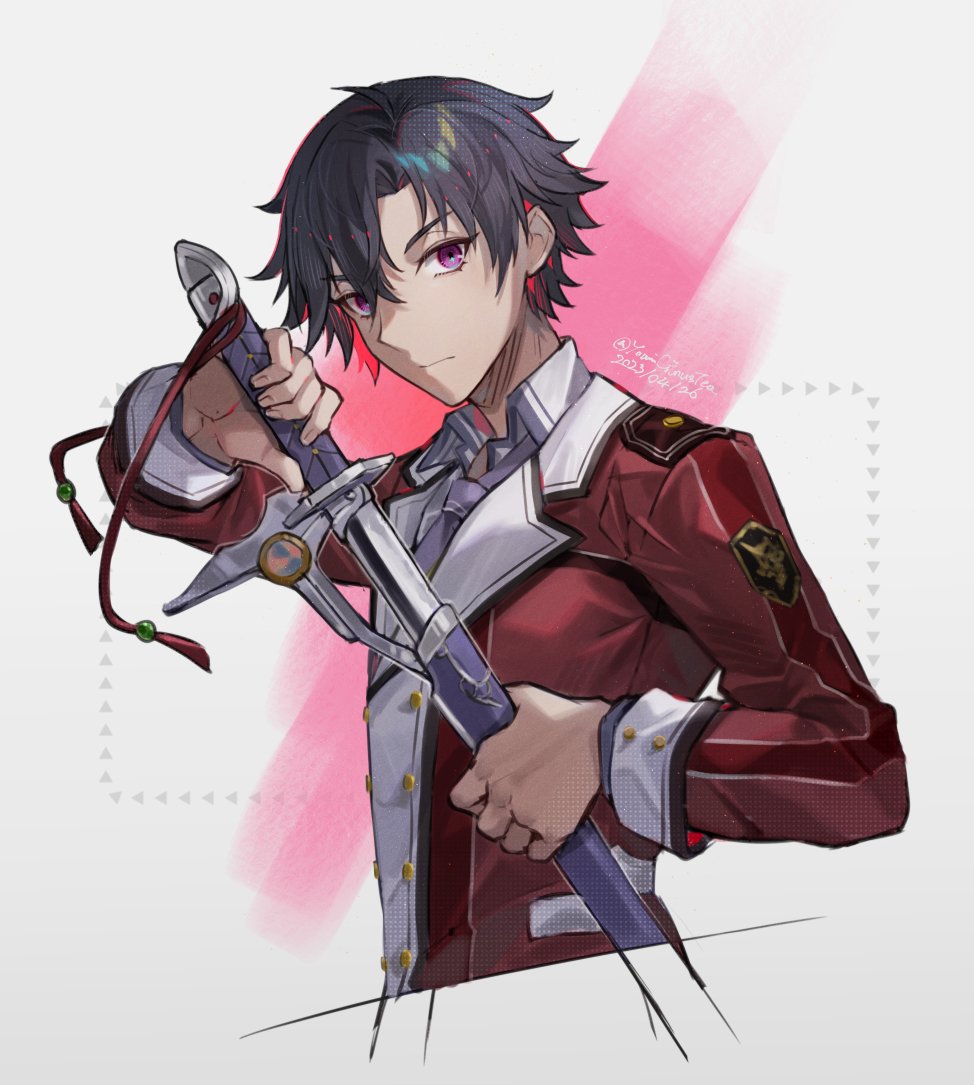 youmicitrustea, rean schwarzer, eiyuu densetsu, sen no kiseki (series), sen no kiseki i, 1boy, black hair, curtained hair, dress shirt, hair between eyes, holding, holding sheath, holding sword, holding weapon, jacket, katana, long sleeves, looking at viewer, male focus, necktie, parted bangs, pink background, pommel tassel, purple eyes, school uniform, sheath, shirt, simple background, solo, sword, tassel, thors military academy class vii uniform, two-tone background, unsheathing, upper body, weapon, white background