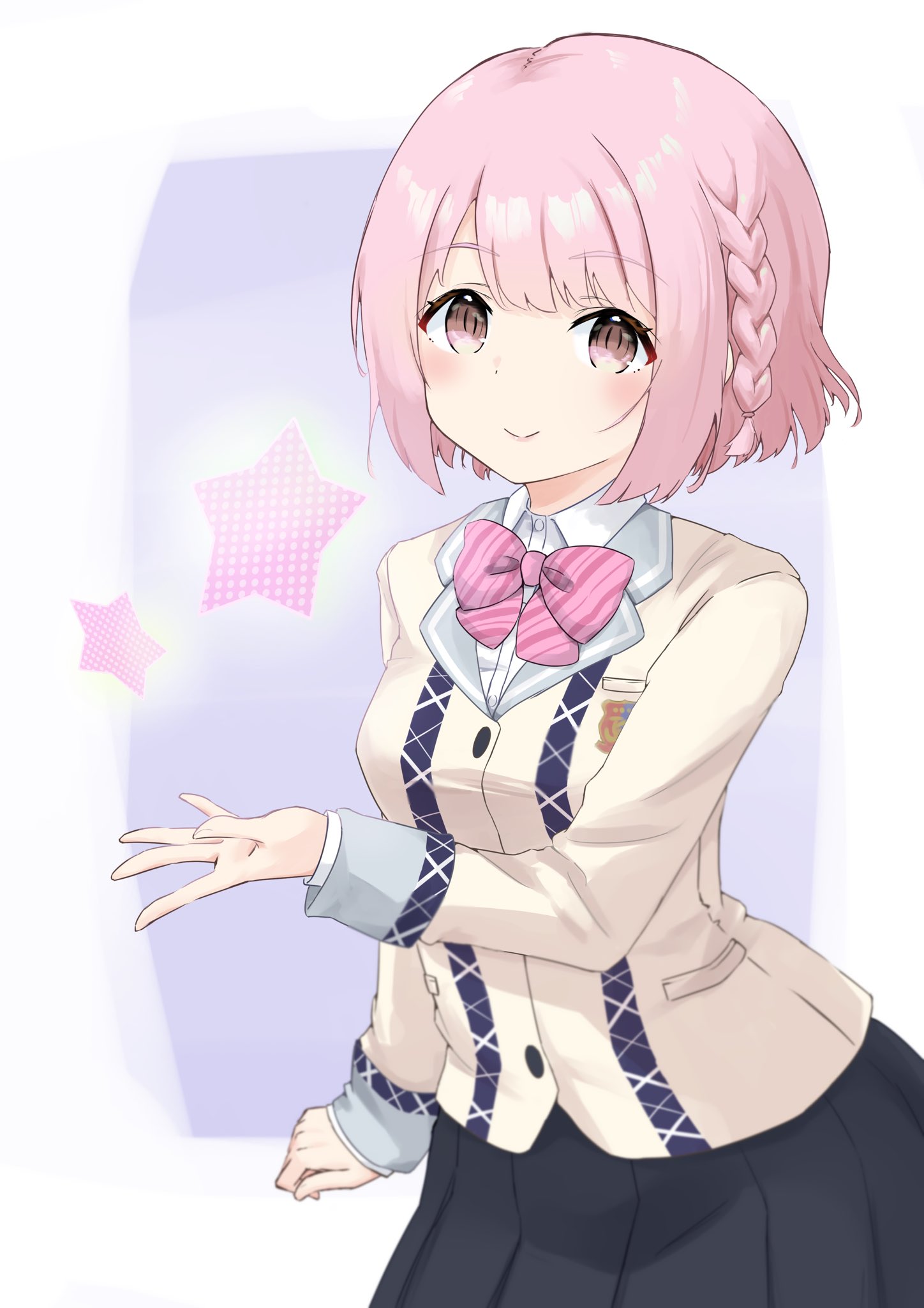 kinakollll, kashiwagi saki, ongeki, highres, 1girl, black skirt, blush, bow, braid, breasts, closed mouth, collared shirt, jacket, long sleeves, looking at viewer, pink hair, pleated skirt, school uniform, shirt, short hair, skirt, smile, solo, star (symbol), striped background, striped bow, two-tone background, white shirt