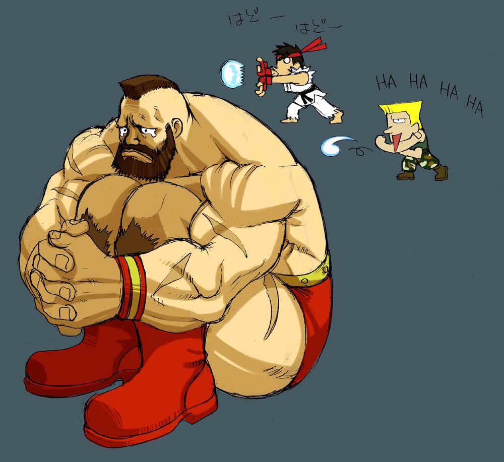 saitou kazue, guile, ryu (street fighter), zangief, capcom, street fighter, 3boys, :v, beard, blonde hair, brown hair, chibi, energy, energy ball, facial hair, hadouken, hugging own legs, male focus, mohawk, multiple boys, o o, parody, scar, shockwave, sonic boom (speed), sonic boom (street fighter), tears, truth, what