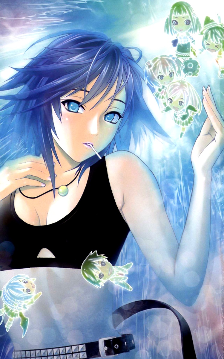 ikeda akihisa, akashiya moka, aono tsukune, kurono kurumu, sendou yukari, shirayuki mizore, shuzen kokoa, toujou ruby, rosario+vampire, screencap, highres, 00s, 1boy, 6+girls, bare shoulders, belt, blue eyes, blue hair, breasts, comic, jewelry, midriff, mouth hold, multiple girls, pendant, short hair, sports bra