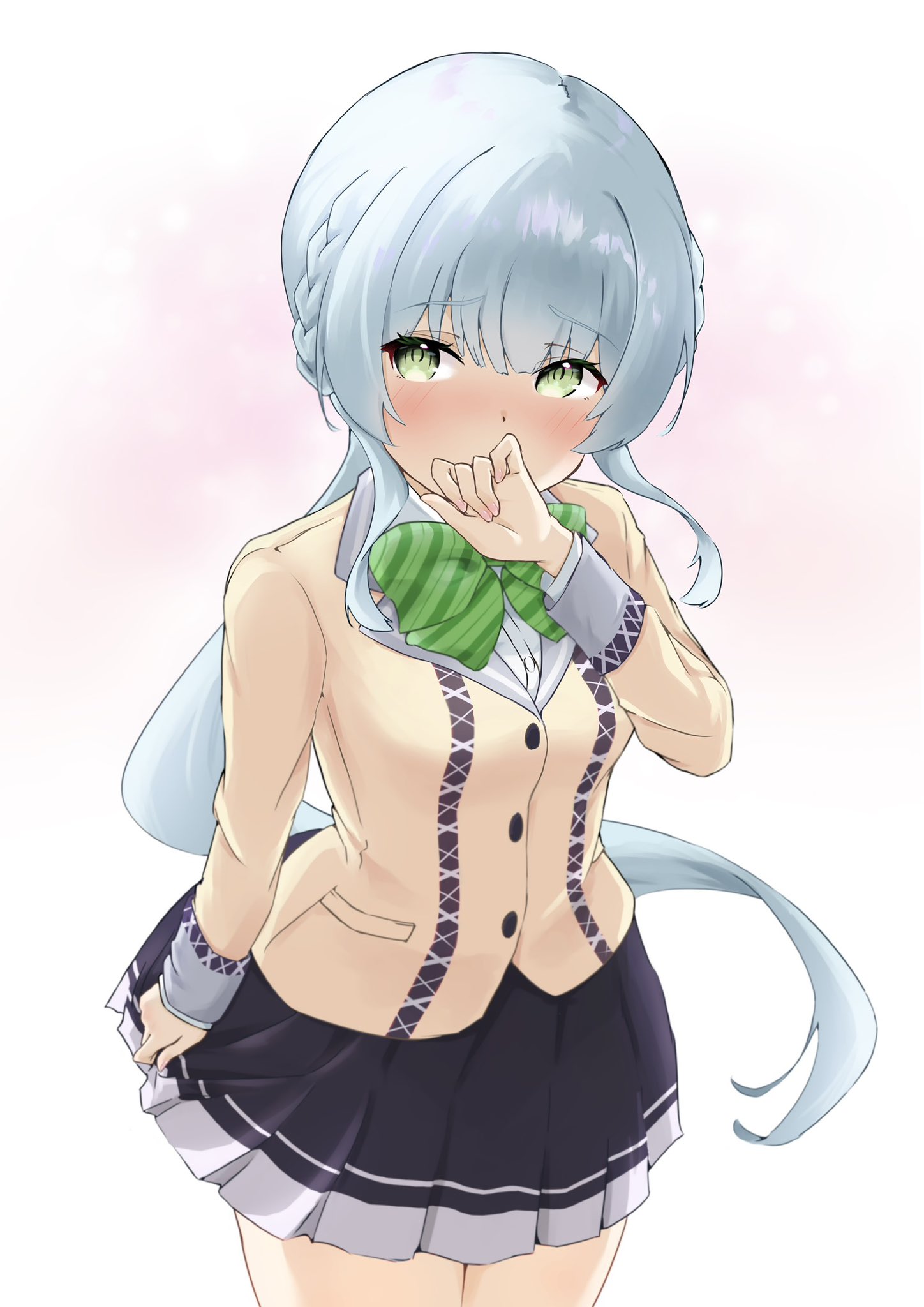 kinakollll, kashiwagi saki, ongeki, highres, 1girl, alternate costume, black skirt, blush, bow, bowtie, braid, cardigan, green eyes, hand to own mouth, long hair, long sleeves, looking at viewer, pleated skirt, school uniform, shirt, skirt, solo, white shirt