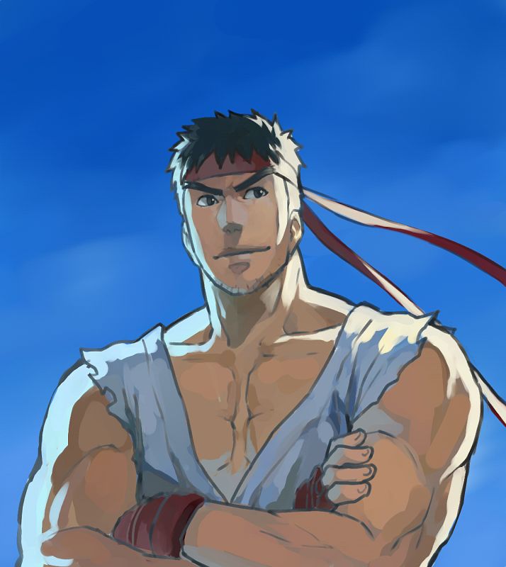 b suke, ryu (street fighter), street fighter, commentary request, 1boy, black eyes, black hair, crossed arms, dougi, facial hair, fingerless gloves, gloves, goatee stubble, headband, male focus, muscular, muscular male, red gloves, red headband, smile, solo, stubble, upper body, v-shaped eyebrows