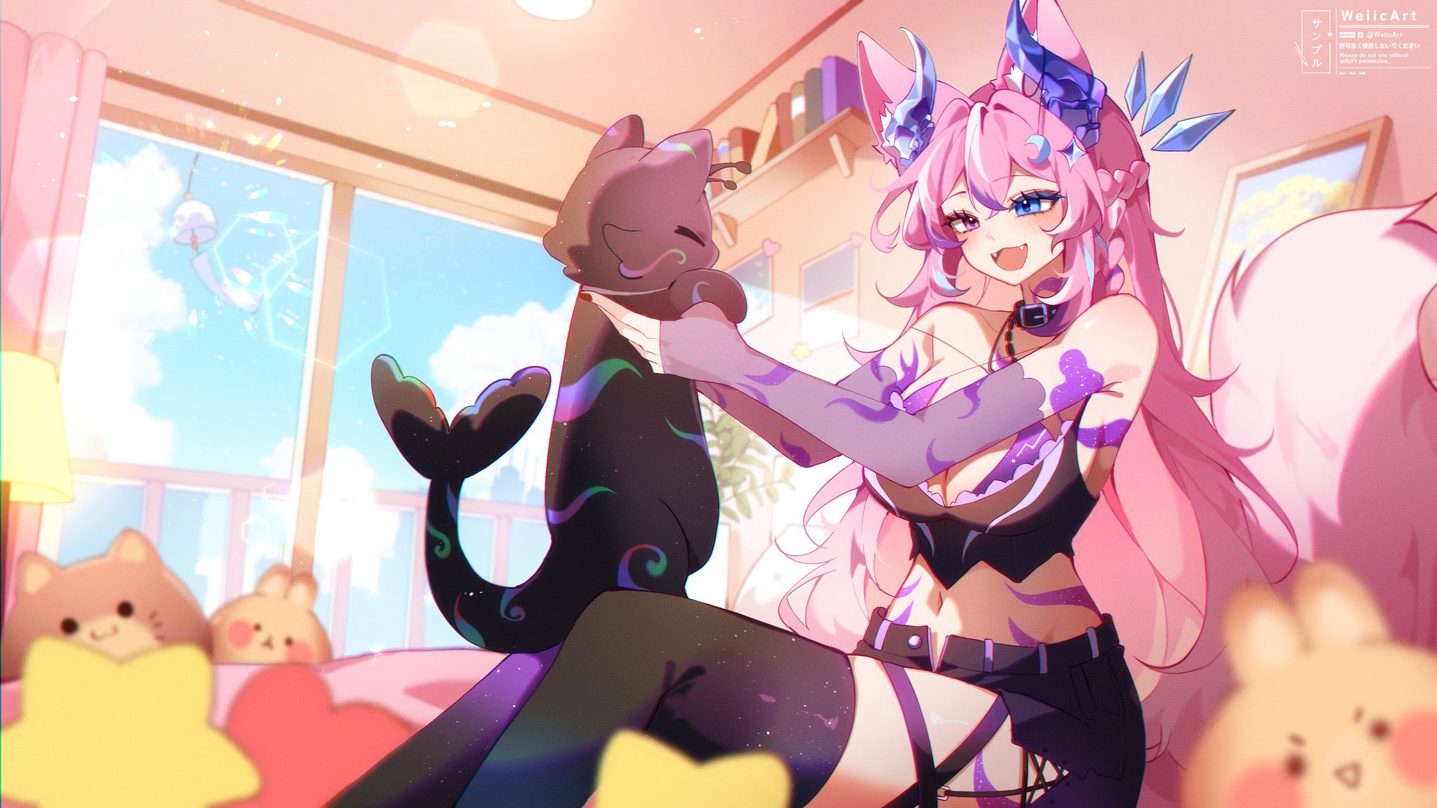weiic, indie virtual youtuber, highres, second-party source, 1girl, animal, animal ear fluff, animal ears, artist name, belt, belt collar, black belt, black thighhighs, blue eyes, body markings, braid, breasts, cat, cleavage, cloud, collar, fangs, fox ears, fox girl, fox tail, heterochromia, holding, holding animal, holding cat, horns, long hair, navel, open fly, open mouth, pink hair, purple eyes, purple horns, red nails, sky, star (symbol), stomach, tail, thighhighs, tonyo (vtuber), twitter username, virtual youtuber