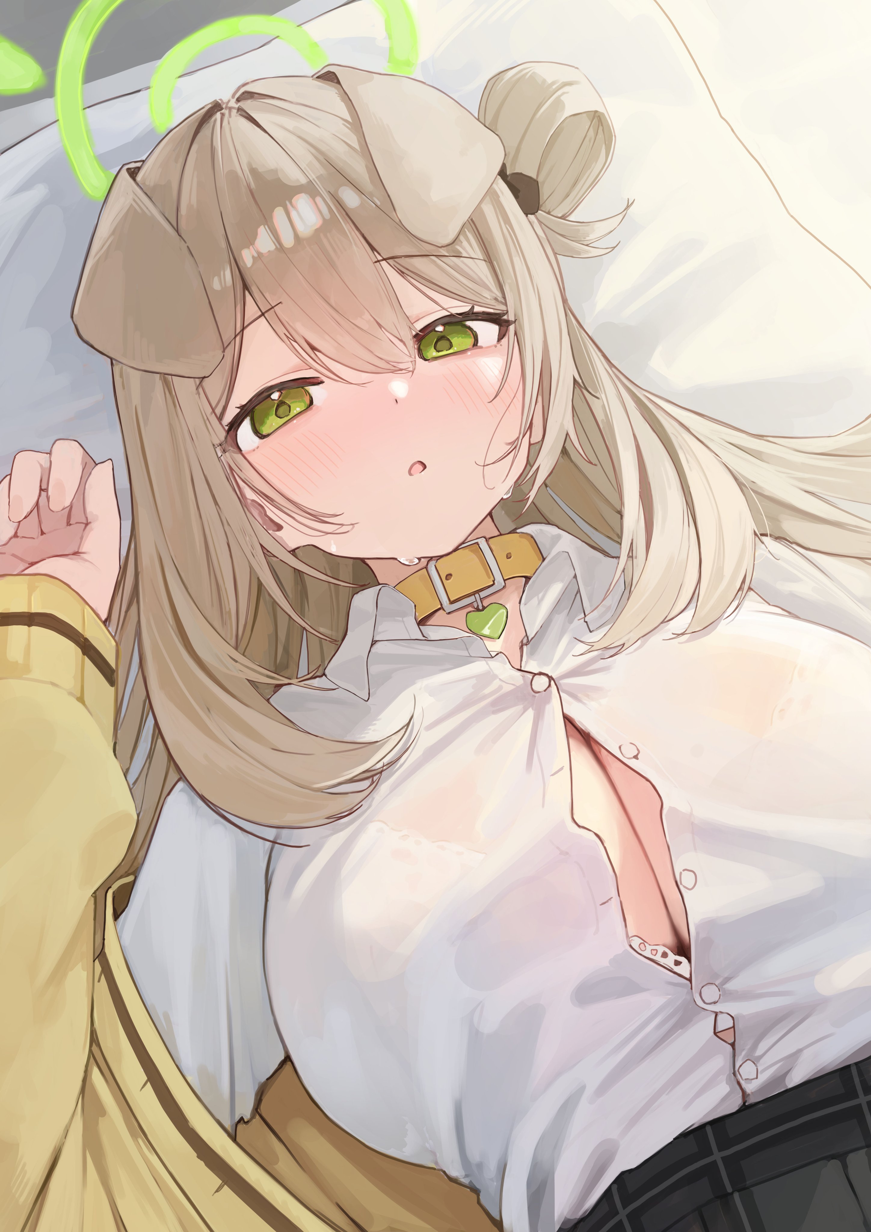 auuufox, nonomi (blue archive), blue archive, absurdres, commentary, highres, symbol-only commentary, 1girl, animal collar, animal ears, black skirt, blonde hair, blush, bra, bra peek, breasts, button gap, buttons, cardigan, cleavage, collar, collared shirt, dog ears, from above, green eyes, green halo, hair between eyes, hair rings, halo, heart collar, large breasts, long hair, long sleeves, looking at viewer, lying, off shoulder, on back, parted lips, pillow, plaid clothes, plaid skirt, see-through clothes, see-through shirt, shirt, shirt tucked in, sidelocks, single hair ring, skirt, solo, sweat, underwear, very long hair, white bra, white shirt, yellow cardigan, yellow collar