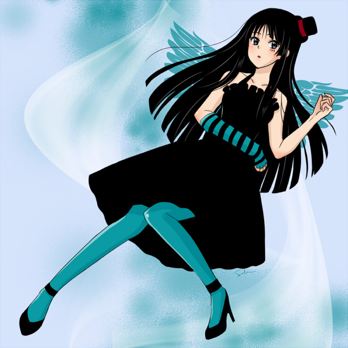 sel (artemix), akiyama mio, don't say "lazy", k-on!, bad id, bad pixiv id, 00s, 1girl, blue pantyhose, blunt bangs, dress, female focus, hat, hime cut, mini hat, mini top hat, pantyhose, solo, top hat