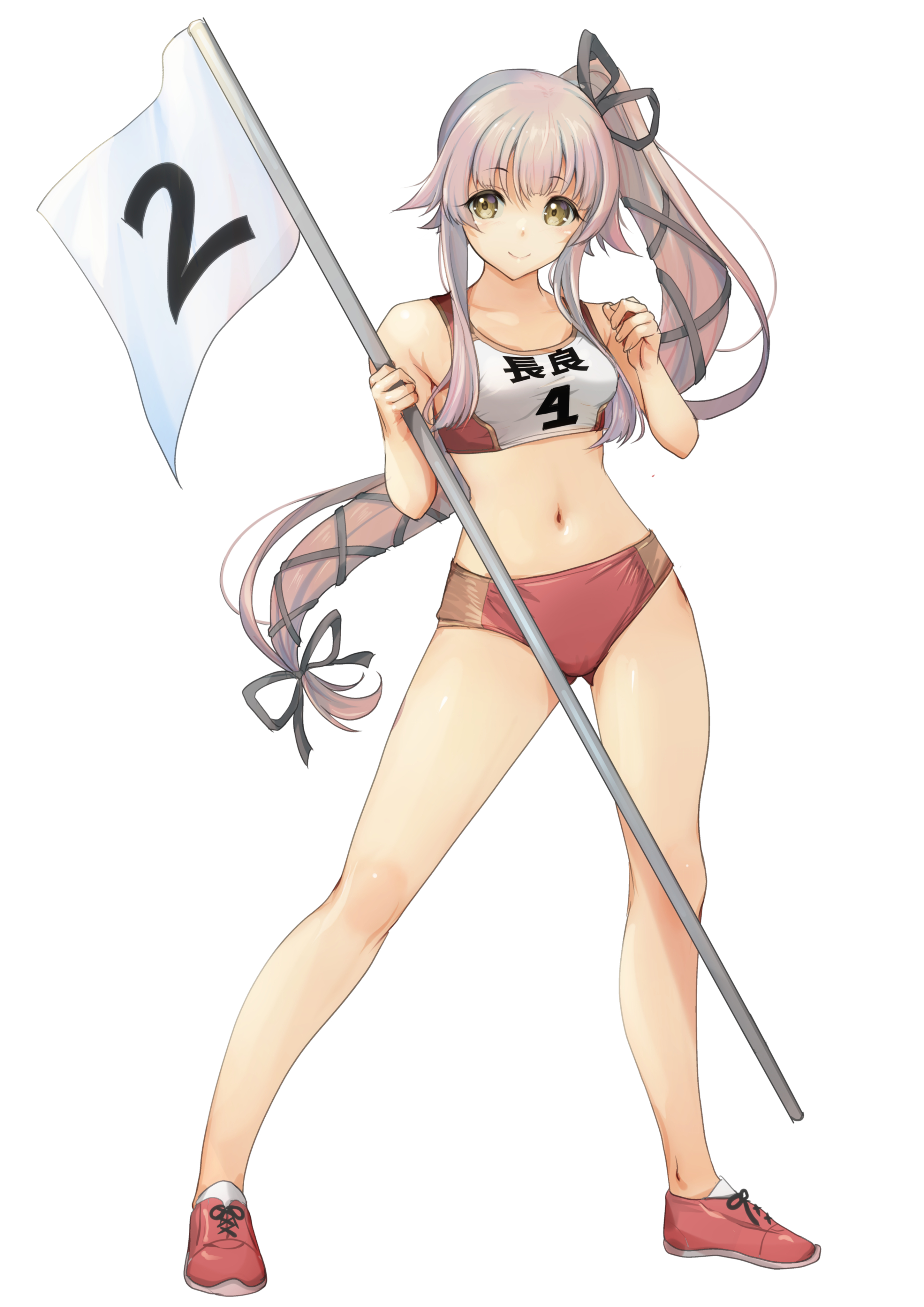 yashin (yasinz), yura (kancolle), kantai collection, absurdres, commentary request, highres, 1girl, breasts, brown eyes, buruma, character name, flag, full body, gluteal fold, grey ribbon, hair ribbon, headband, long hair, medium breasts, midriff, open mouth, pink hair, pole, ponytail, red buruma, red shoes, ribbon, round teeth, shoes, simple background, sky, smile, solo, sports bikini, sports bra, teeth, two-tone sports bra, upper teeth only, v, white background, white headband