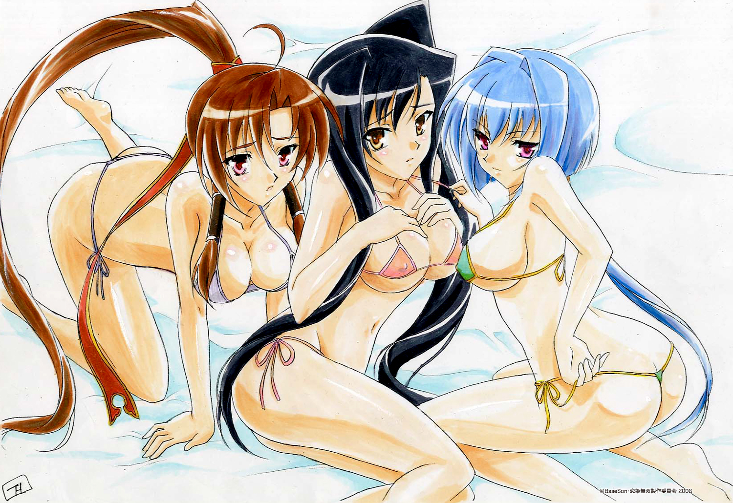 hiratsuka tomoya, katagiri hinata, bachou (koihime musou), chouun (koihime musou), kan'u (koihime musou), koihime musou, non-web source, official art, 00s, 2008, 3girls, ahoge, all fours, ass, back, barefoot, bed, bikini, black hair, blue hair, blush, breast suppress, breasts, brown hair, butt crack, cleavage, copyright name, covered erect nipples, embarrassed, feet, kneeling, large breasts, long hair, looking back, micro bikini, multiple girls, open mouth, pink eyes, ponytail, red eyes, side-tie bikini bottom, side ponytail, sideboob, signature, sitting, soles, swimsuit, thong bikini, underboob, very long hair, watermark, yellow eyes