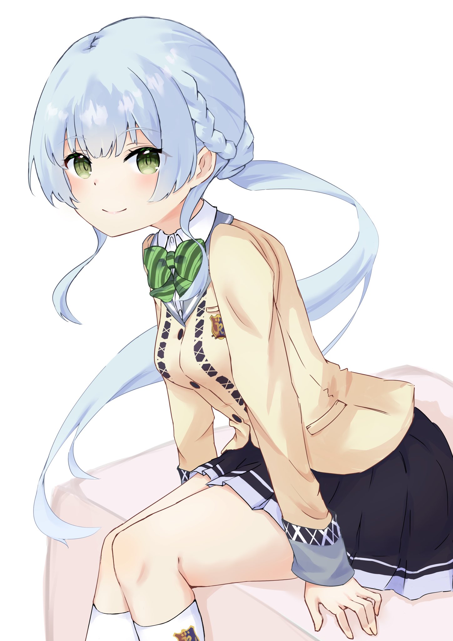 kinakollll, kashiwagi saki, ongeki, highres, 1girl, black skirt, blue hair, blush, bow, braid, cardigan, closed mouth, collared shirt, green eyes, jacket, kneehighs, long hair, long sleeves, looking at viewer, pleated skirt, school uniform, shirt, sitting, skirt, smile, socks, solo, striped background, very long hair, white background, white shirt