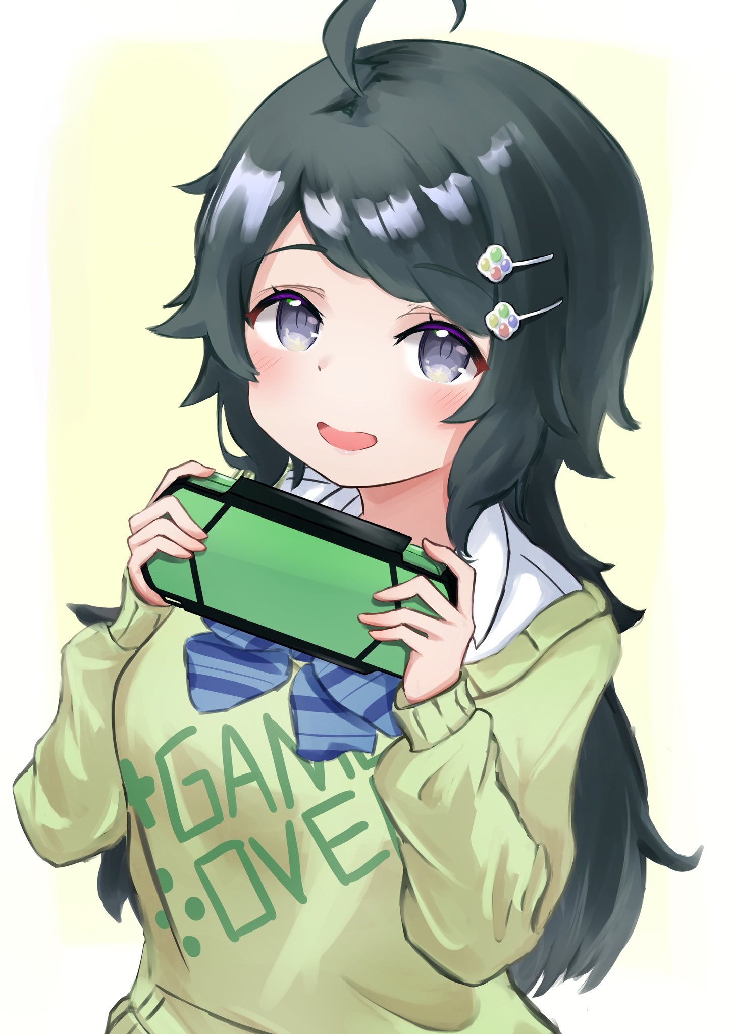 kinakollll, inohara koboshi, ongeki, highres, 1girl, :d, ahoge, black eyes, black hair, blush, bow, collared shirt, hair ornament, holding, long hair, long sleeves, looking at viewer, open mouth, shirt, smile, solo, striped bow, upper body, white shirt