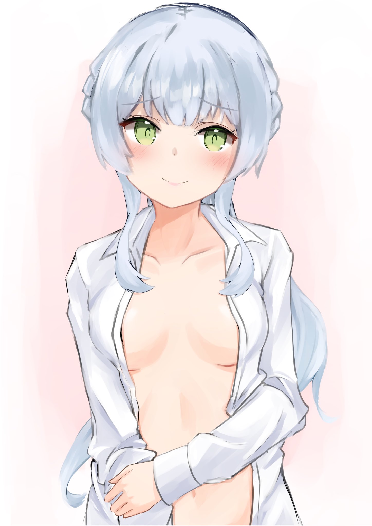 kinakollll, kashiwagi saki, ongeki, highres, 1girl, blush, braid, breasts, closed mouth, collarbone, collared shirt, gradient background, green eyes, long hair, long sleeves, looking at viewer, naked shirt, open clothes, open shirt, pink background, shirt, small breasts, smile, solo, white shirt