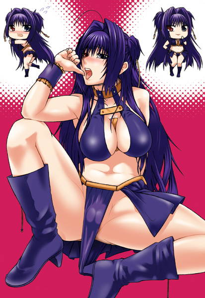 tonkana bentou, melcurio, enchanter, bad id, bad pixiv id, 1girl, boots, breasts, cameltoe, chibi, cleavage, heterochromia, huge breasts, long hair, midriff, purple hair