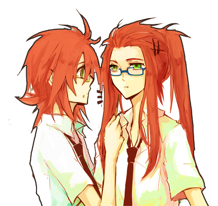 xd (daisuke2008), asch (tales), luke fon fabre, tales of (series), tales of the abyss, lowres, 00s, 2boys, alternate hairstyle, glasses, green eyes, hair ornament, hairclip, long hair, male focus, multiple boys, necktie, open clothes, ponytail, red hair, short hair, simple background, upper body, white background