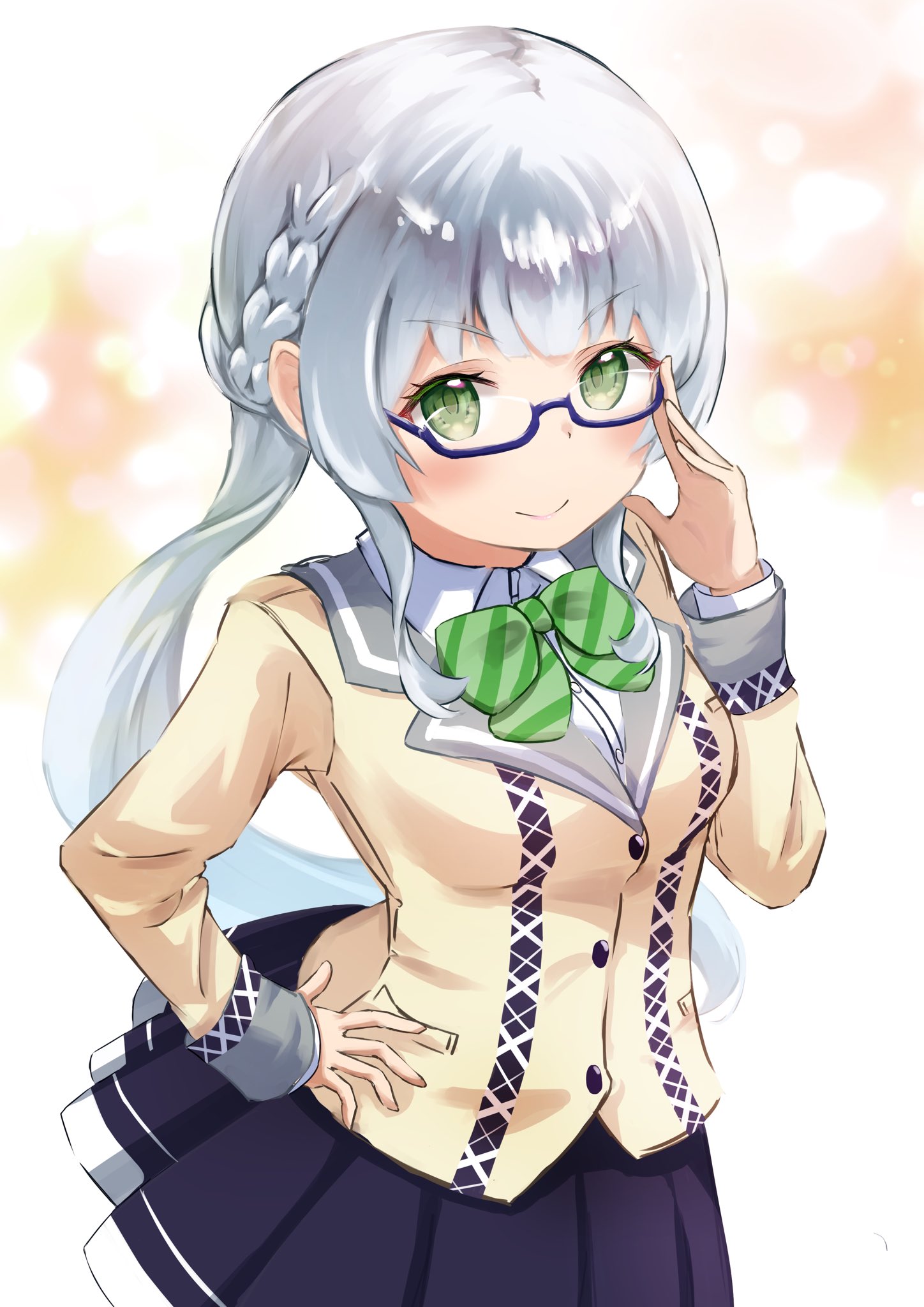 kinakollll, kashiwagi saki, ongeki, highres, 1girl, adjusting eyewear, bespectacled, black skirt, blue skirt, bow, bowtie, braid, cardigan, closed mouth, glasses, green bow, green eyes, hand on own hip, jacket, long hair, long sleeves, looking at viewer, pleated skirt, school uniform, shirt, skirt, smile, solo, striped bow, white shirt
