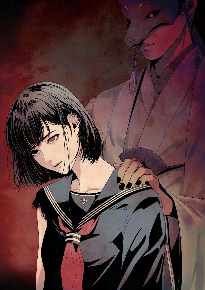 midoro, fox mask (silent hill), shimizu hinako, silent hill (series), silent hill f, 1boy, 1girl, black serafuku, earrings, fox mask, japanese clothes, jewelry, mask, neckerchief, red neckerchief, robe, school uniform, serafuku, short hair, tassel, tassel earrings, torn sleeve, white robe